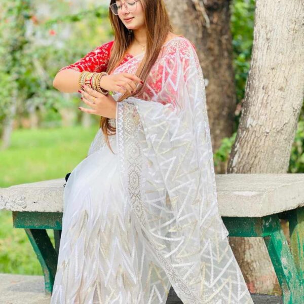 পিওর মাস্লিন অরগ্যাঞ্জা টিস্যু জামদানী শাড়ি - Image 2